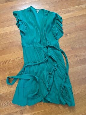 LOFT Teal Ruffle Wrap Midi Dress